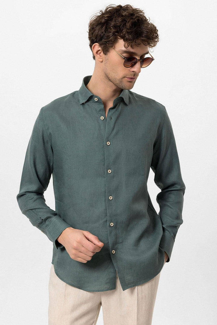 Men's Green Collar Button Detail 100% Linen  Shirt - Wessi
