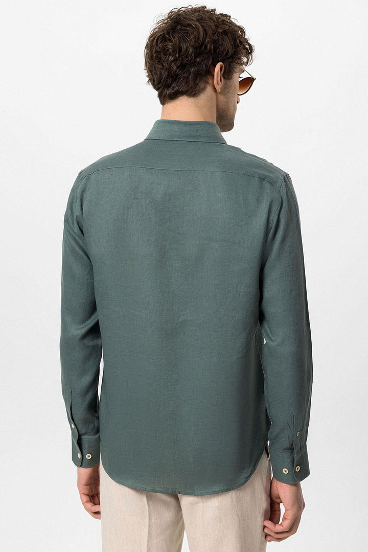 Men's Green Collar Button Detail 100% Linen  Shirt - Wessi