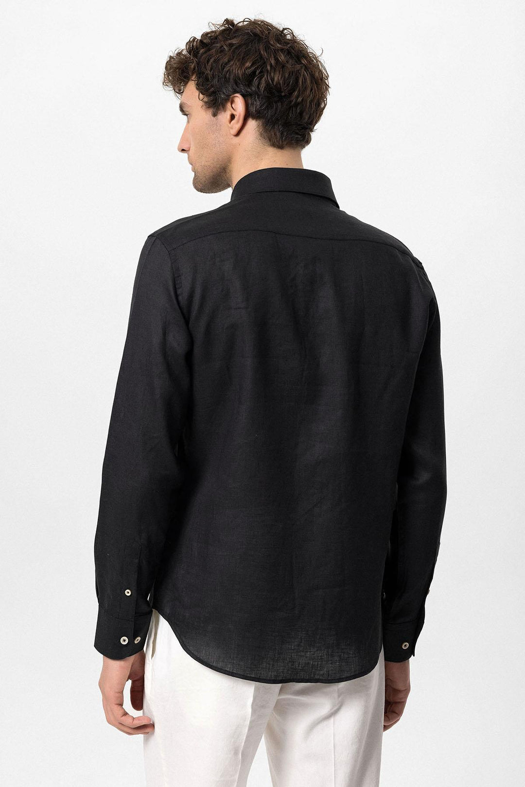 Men's Black Collar Button Detail 100% Linen  Shirt - Wessi