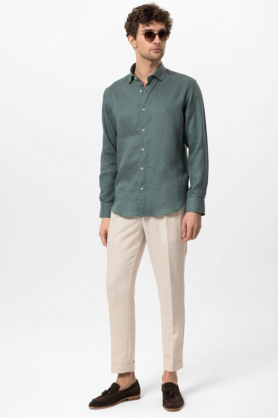 Men's Green Collar Button Detail 100% Linen  Shirt - Wessi