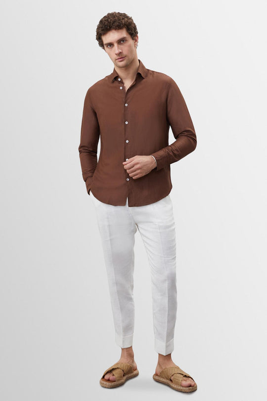 Men's Brown Collar Button Detailed 100% Linen Shirt - Wessi Wessi - Discover Diversity Men's Brown Collar Button Detailed 100% Linen Shirt - Wessi Wessi - Discover Diversity