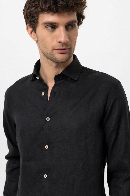 Men's Black Collar Button Detail 100% Linen  Shirt - Wessi
