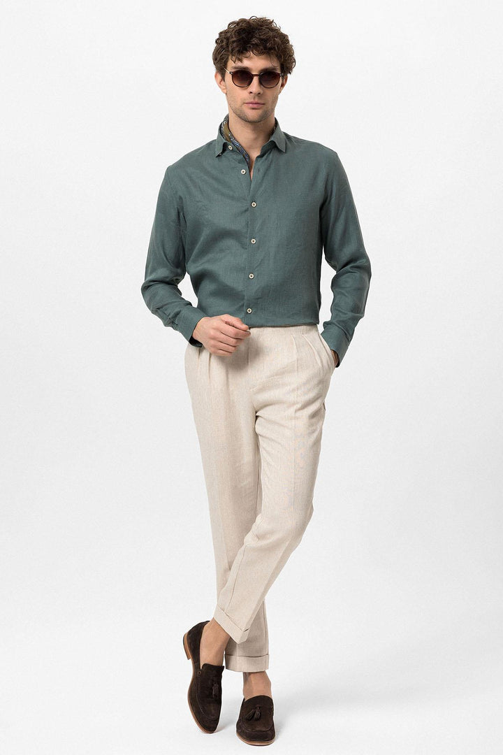 Men's Green Collar Button Detail 100% Linen  Shirt - Wessi