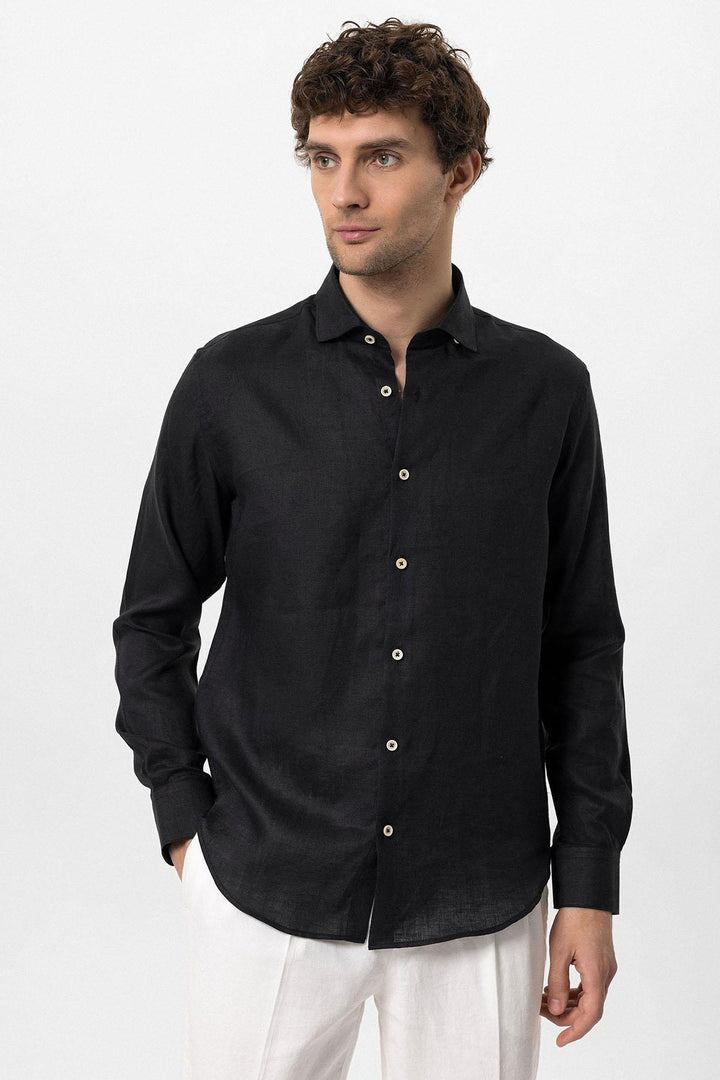 Men's Black Collar Button Detail 100% Linen  Shirt - Wessi