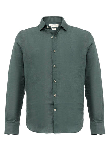 Men's Green Collar Button Detail 100% Linen  Shirt - Wessi