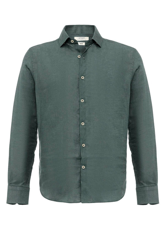 Men's Green Collar Button Detail 100% Linen  Shirt - Wessi