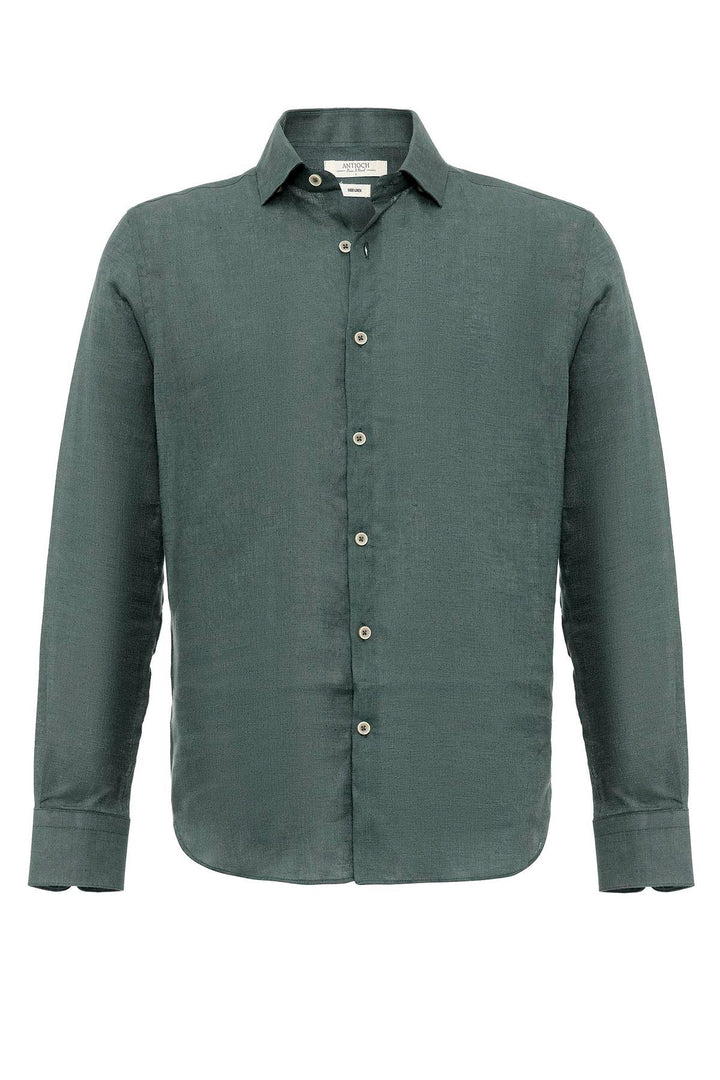 Men's Green Collar Button Detail 100% Linen  Shirt - Wessi