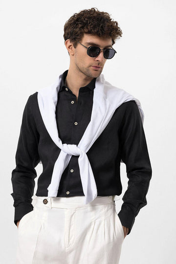 Men's Black Collar Button Detail 100% Linen  Shirt - Wessi