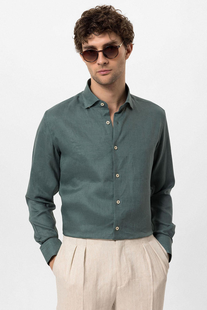 Men's Green Collar Button Detail 100% Linen  Shirt - Wessi