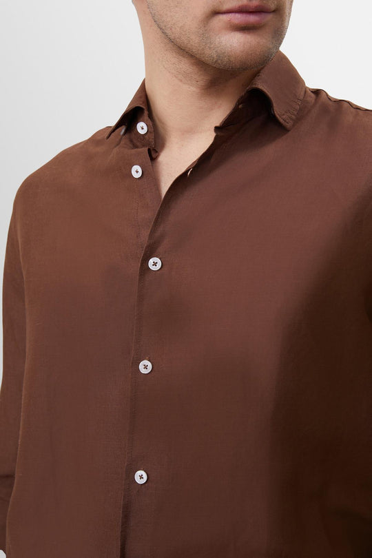 Men's Brown Collar Button Detailed 100% Linen Shirt - Wessi Wessi - Discover Diversity Men's Brown Collar Button Detailed 100% Linen Shirt - Wessi Wessi - Discover Diversity