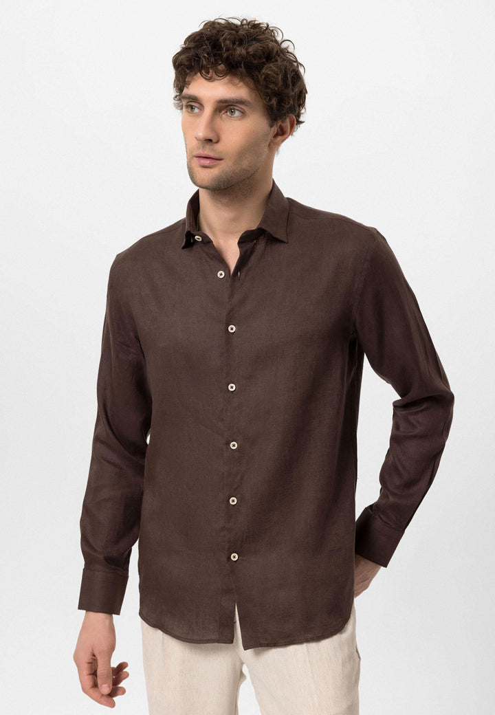 Men's Dark Brown Collar Button Detail 100% Linen  Shirt - Wessi
