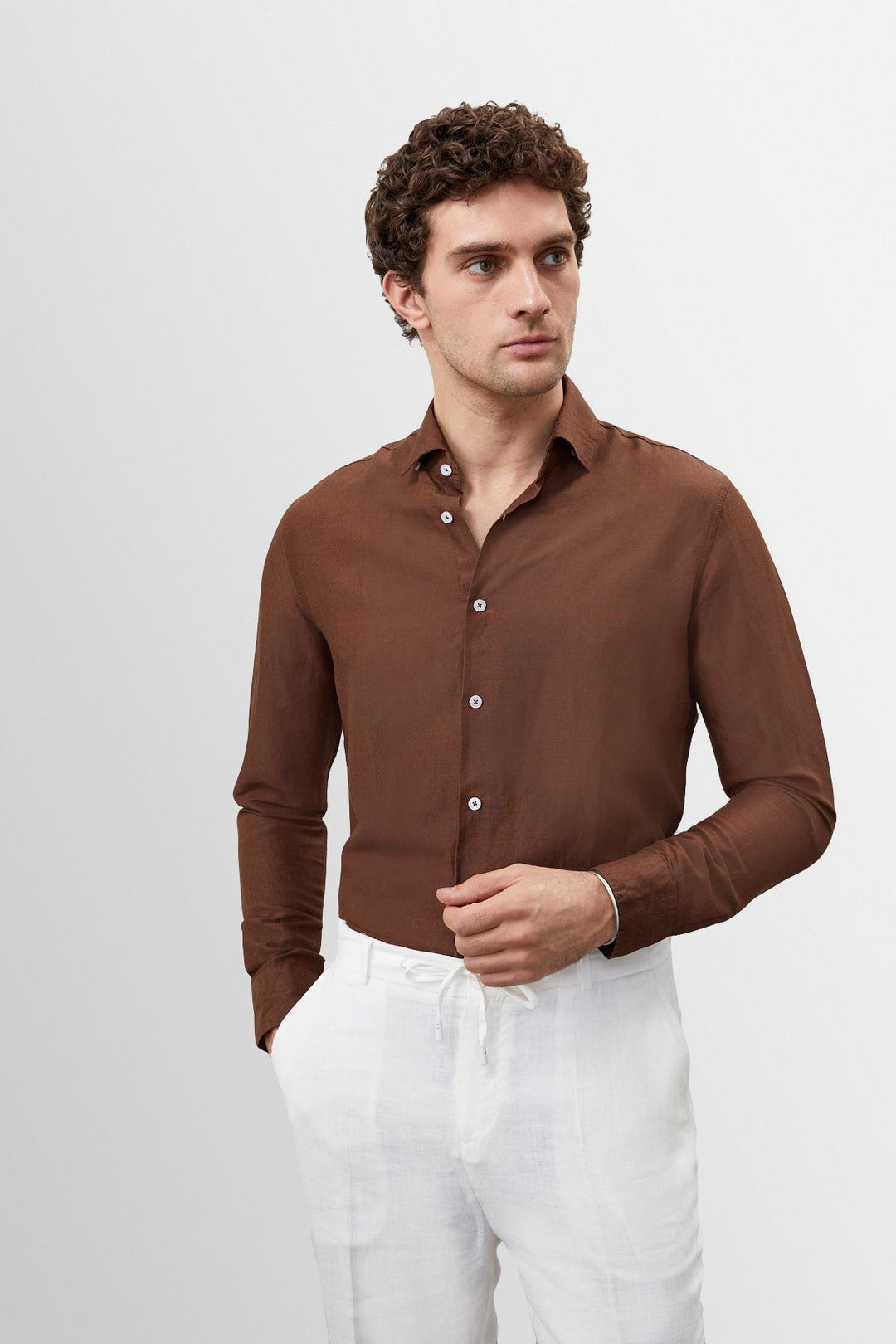 Chemise Homme Marron Col Boutonné 100% Lin Wessi