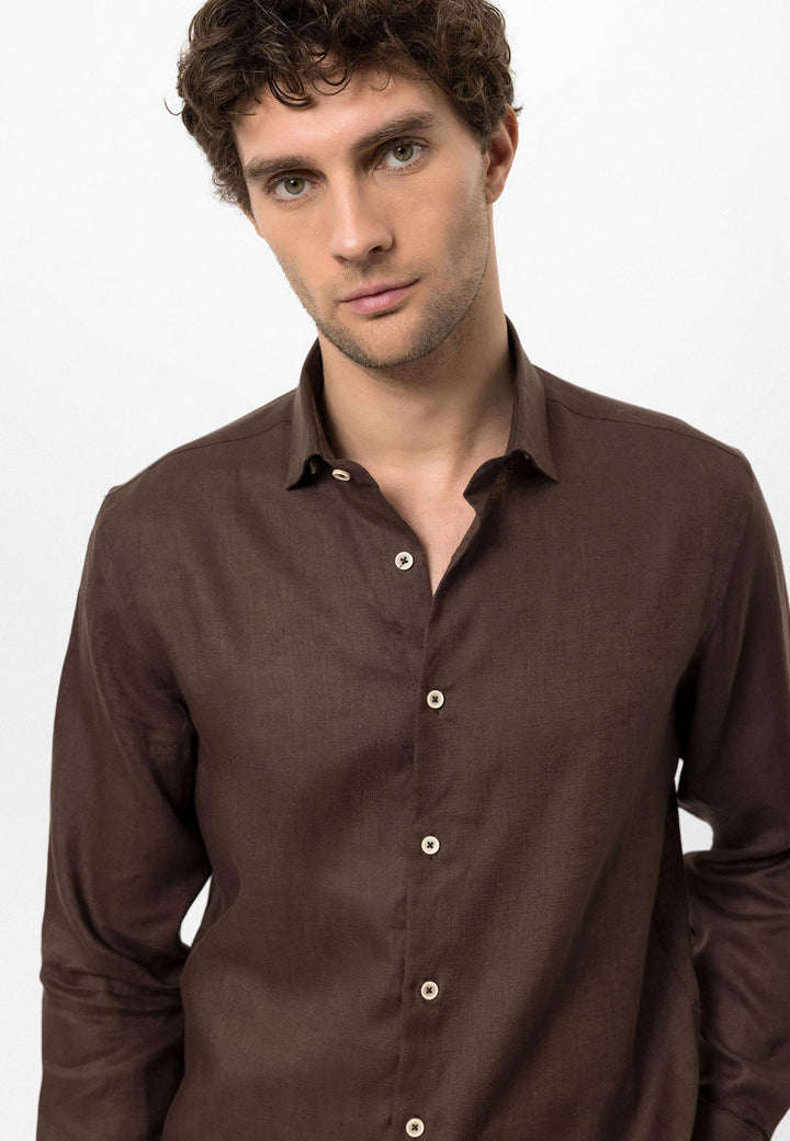 Men's Dark Brown Collar Button Detail 100% Linen  Shirt - Wessi