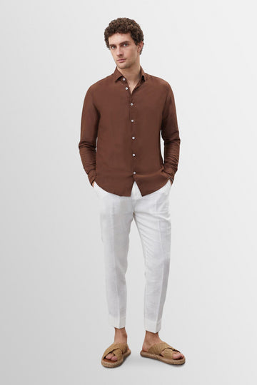 Men's Brown Collar Button Detailed 100% Linen  Shirt - Wessi