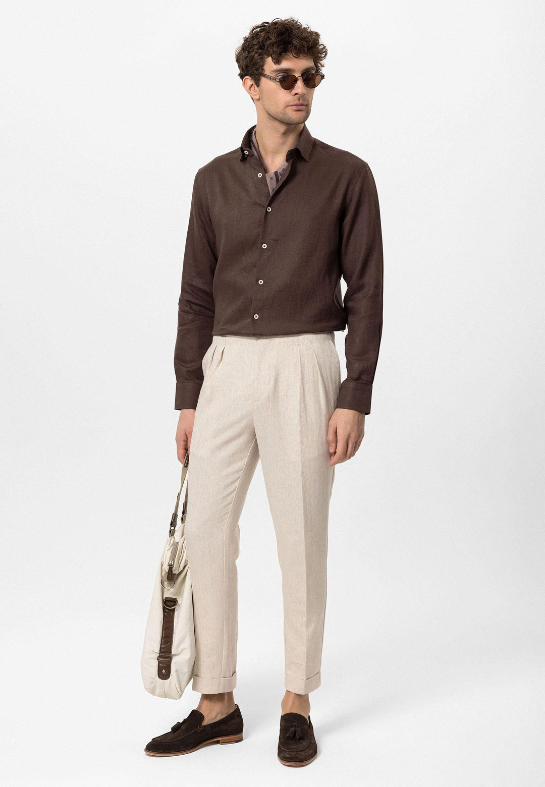 Men's Dark Brown Collar Button Detail 100% Linen  Shirt - Wessi