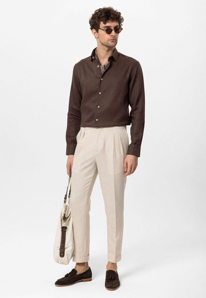 Men's Dark Brown Collar Button Detail 100% Linen  Shirt - Wessi