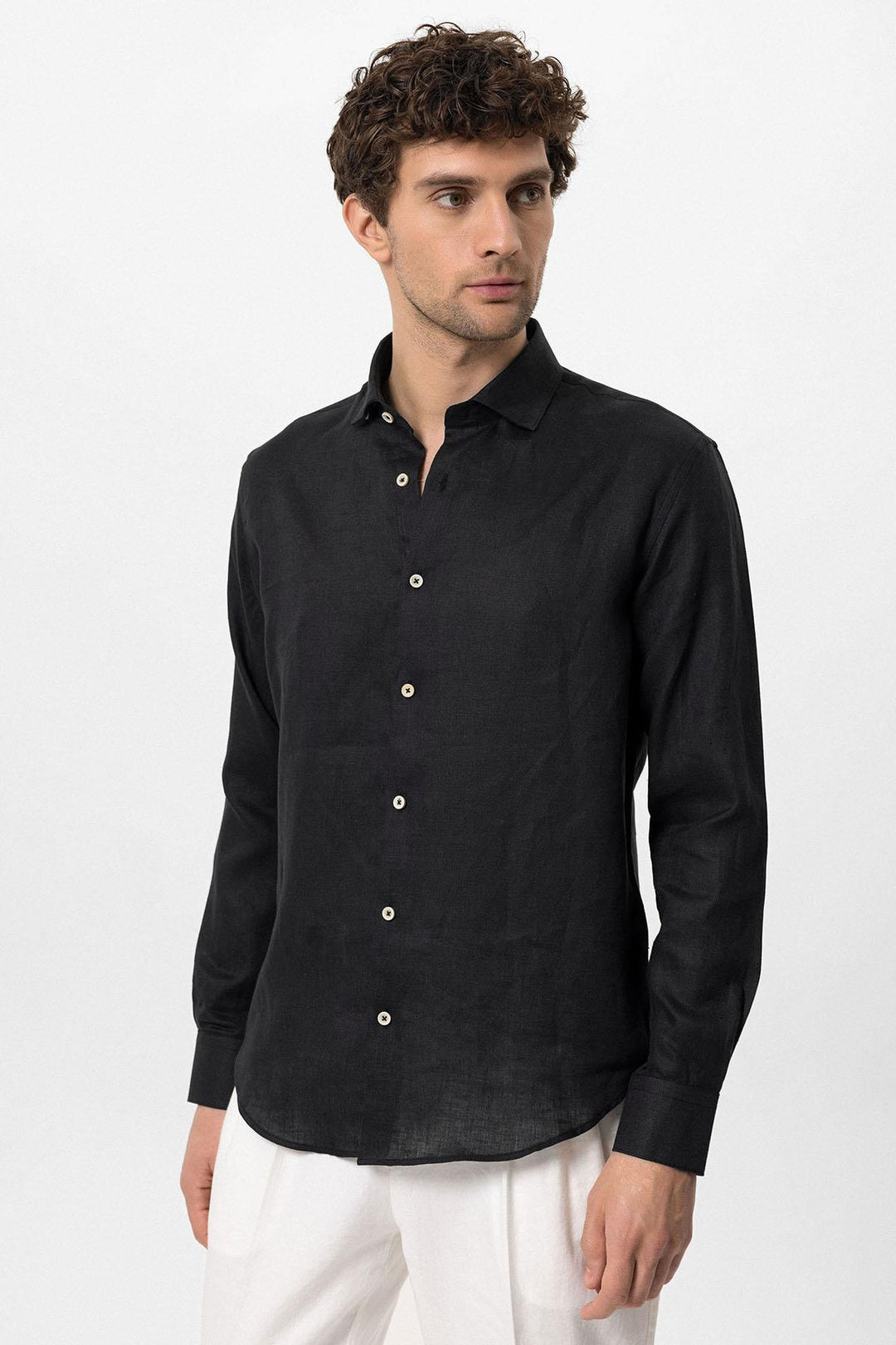 Men's Black Collar Button Detail 100% Linen  Shirt - Wessi