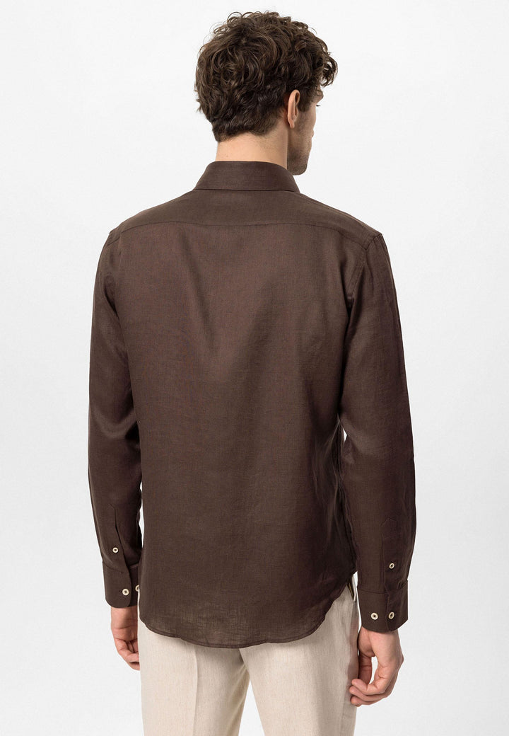 Men's Dark Brown Collar Button Detail 100% Linen  Shirt - Wessi