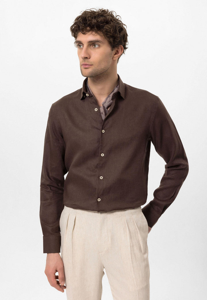 Men's Dark Brown Collar Button Detail 100% Linen  Shirt - Wessi