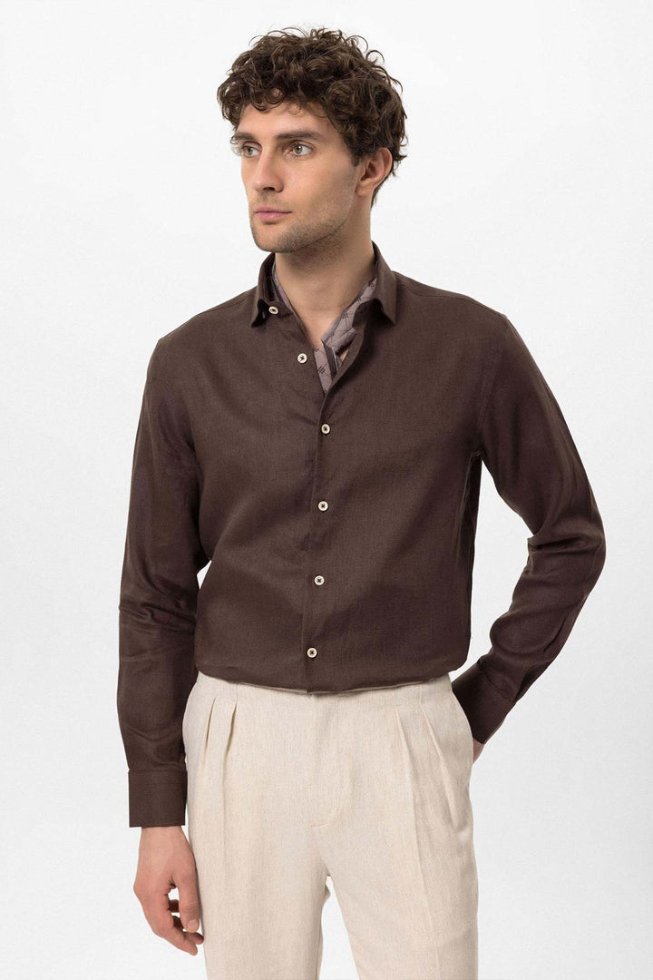 Men's Dark Brown Collar Button Detail 100% Linen  Shirt - Wessi