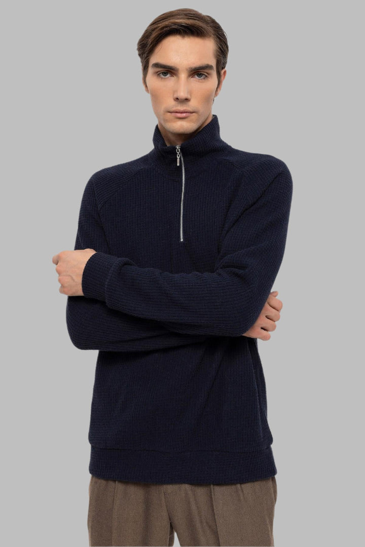 Men's Navy Blue Half Zipper High Collar  Sweater - Wessi