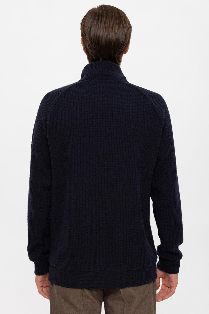 Men's Navy Blue Half Zipper High Collar  Sweater - Wessi