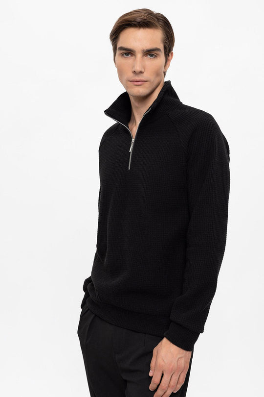 Men's Black Half Zip Stand Collar  Sweater - Wessi