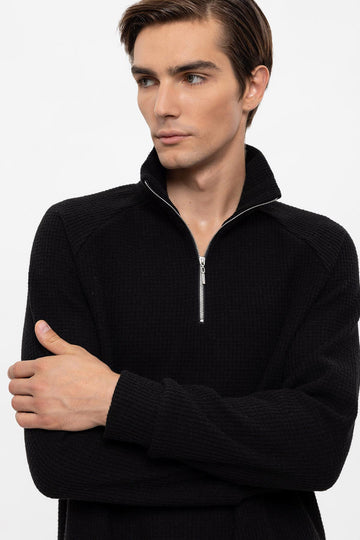Men's Black Half Zip Stand Collar  Sweater - Wessi
