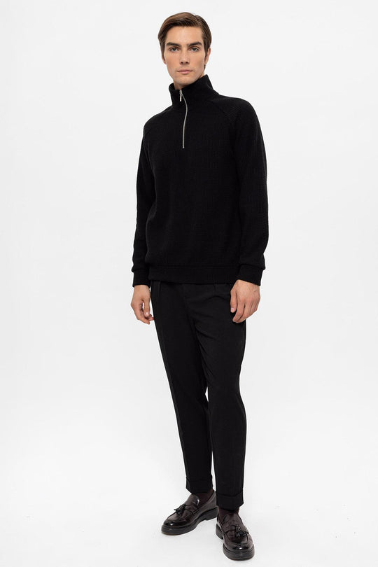 Men's Black Half Zip Stand Collar  Sweater - Wessi