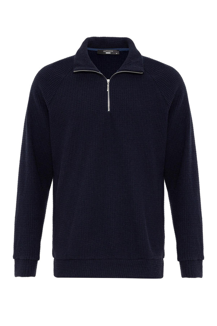 Men's Navy Blue Half Zipper High Collar  Sweater - Wessi