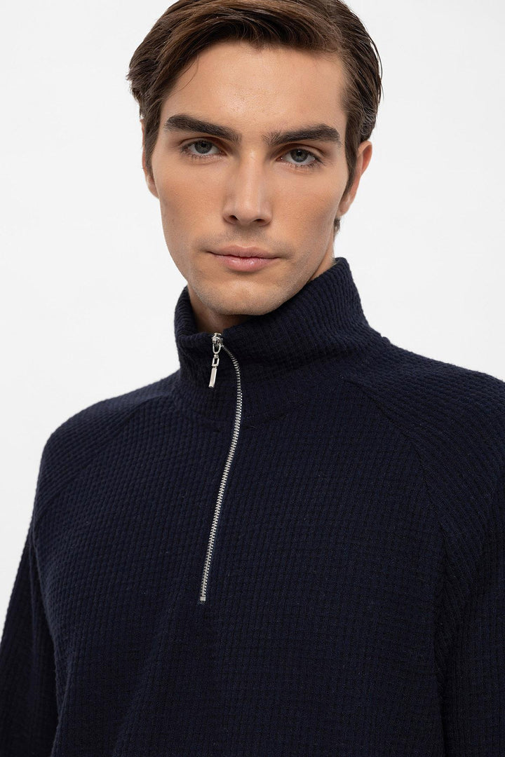 Men's Navy Blue Half Zipper High Collar  Sweater - Wessi