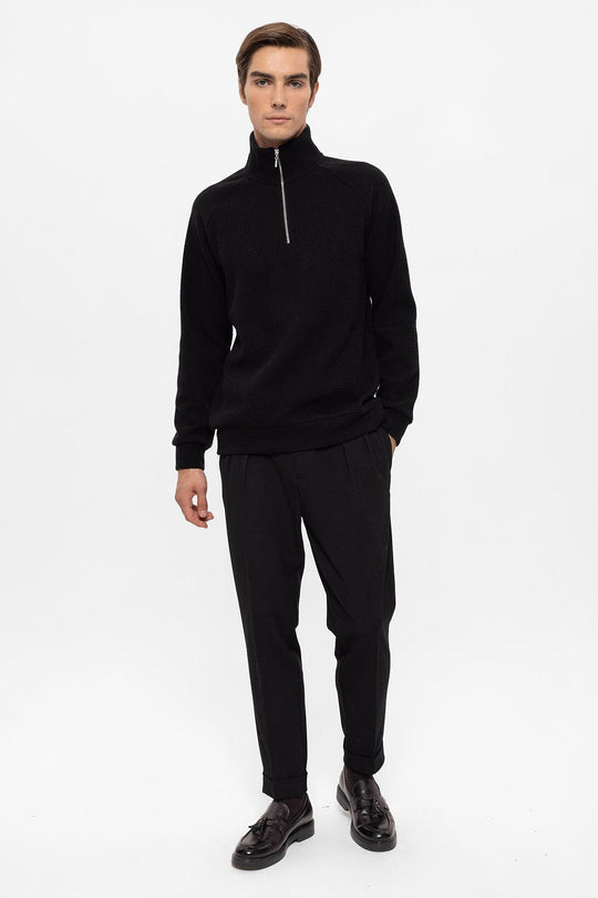 Men's Black Half Zip Stand Collar  Sweater - Wessi