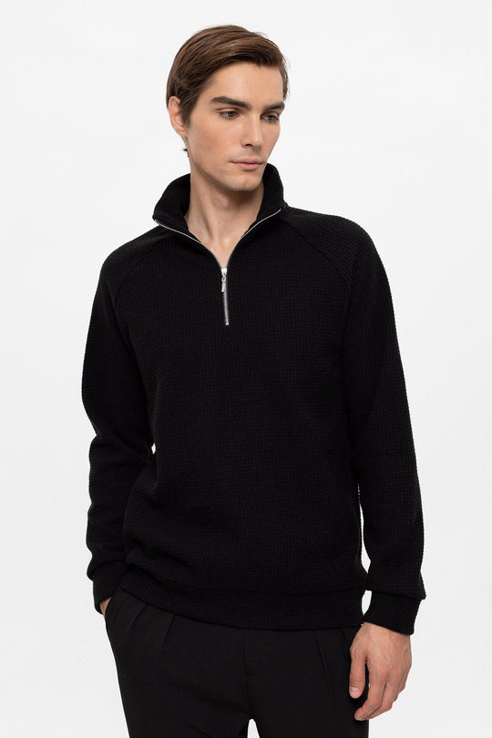 Men's Black Half Zip Stand Collar  Sweater - Wessi