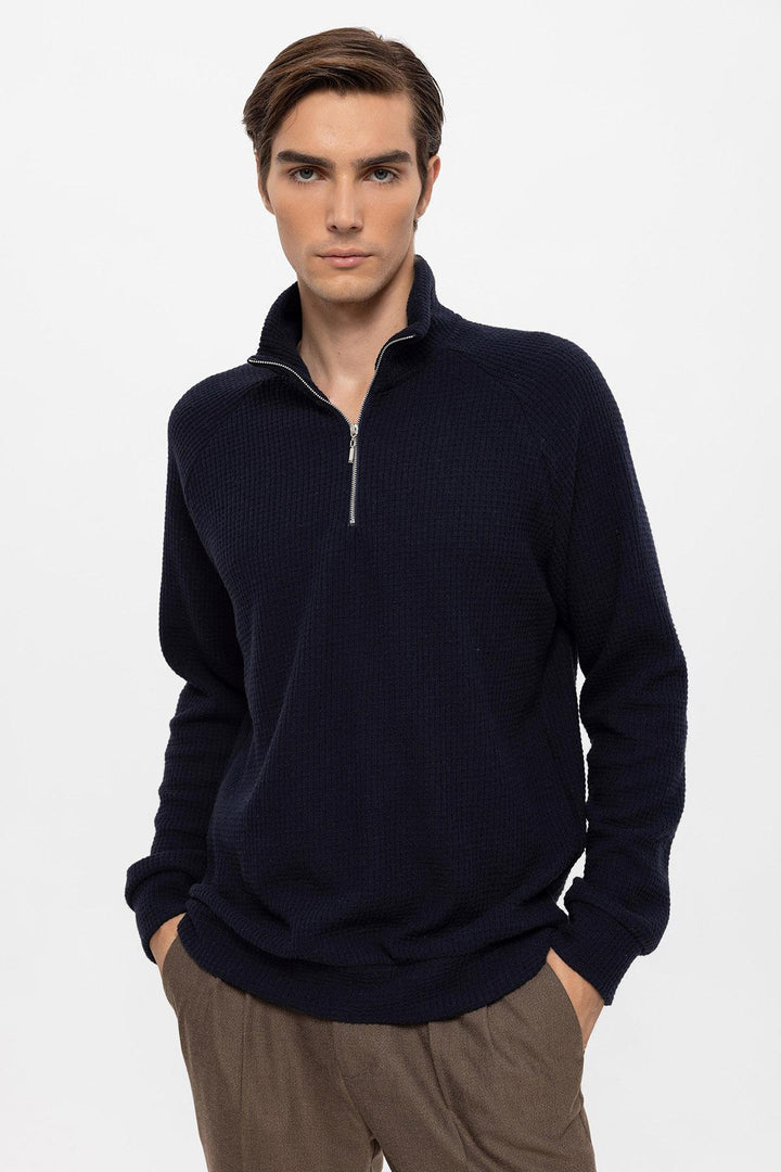 Men's Navy Blue Half Zipper High Collar  Sweater - Wessi