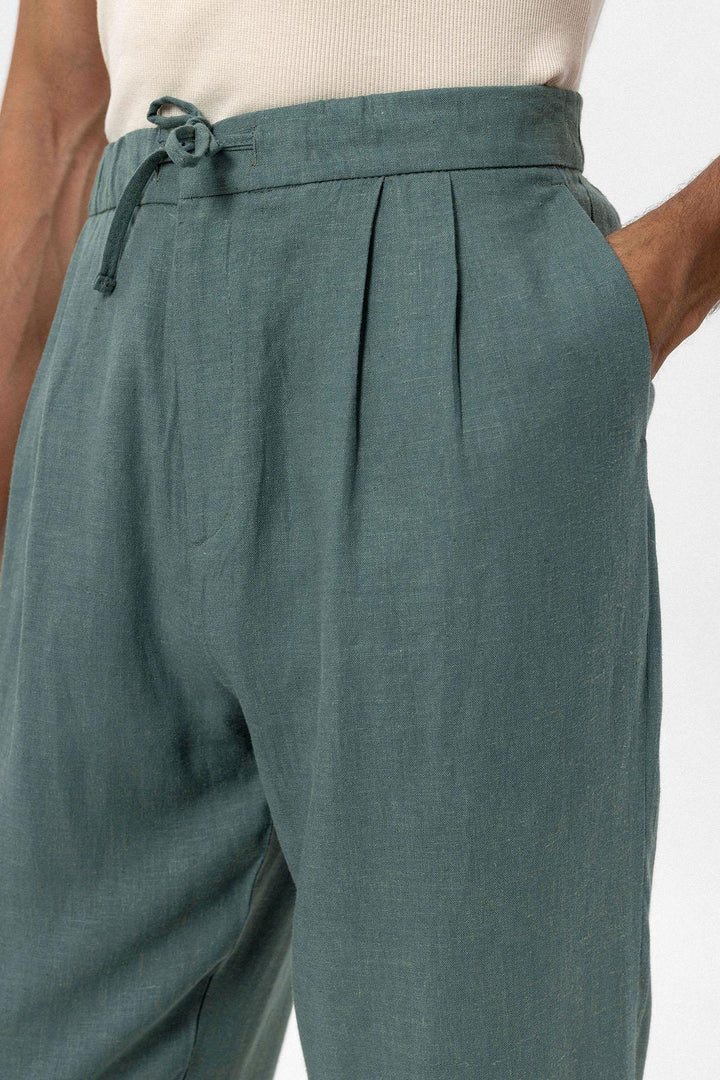 Pantalón de hombre en mezcla de lino verde con cinturón - Wessi