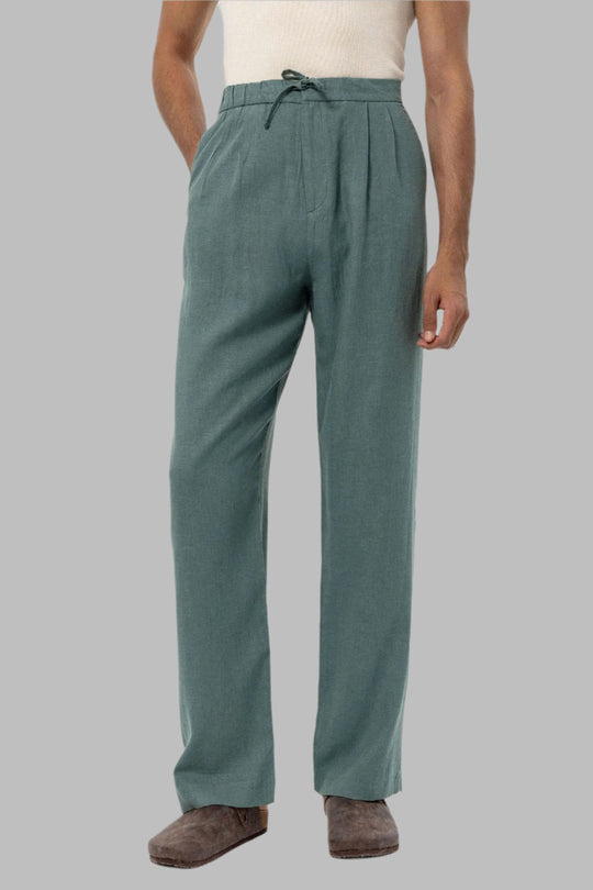 Men's Green Belted Linen Blend Pants - Wessi