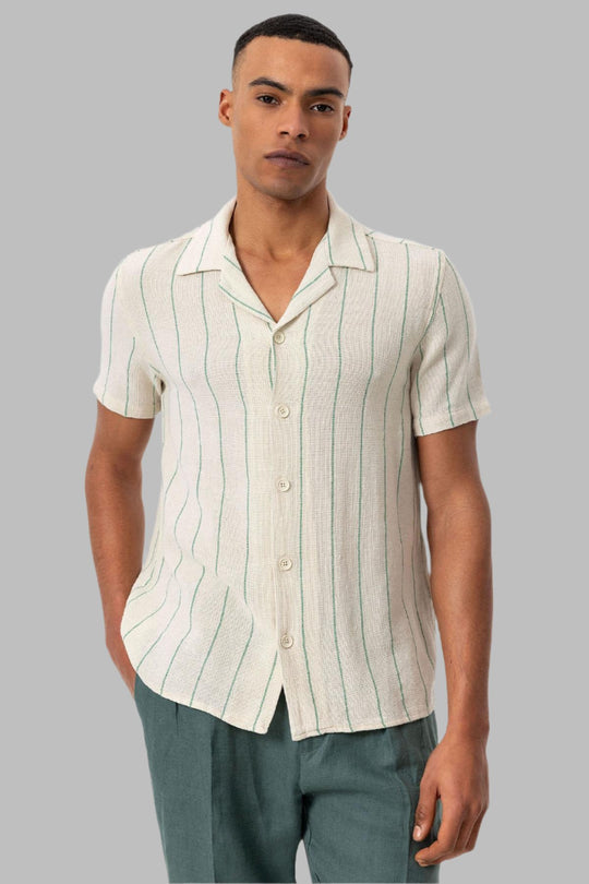 Chemise en lin à manches courtes et col camp rayé vert pour hommes - Wessi