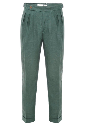 Men's Green High-Waist 100% Linen Pleated Pants - Wessi