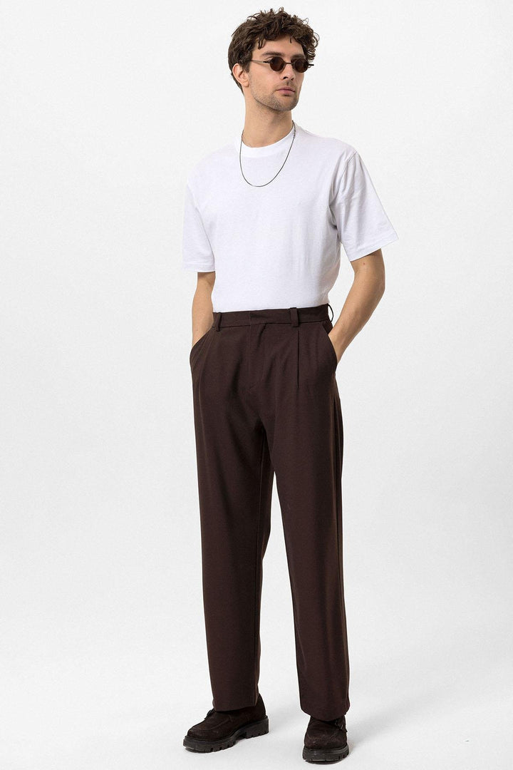 Men's Brown High-Waisted Baggy  Pants - Wessi