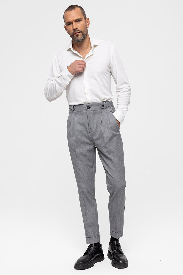 Men's Grey High Waist (Boyfriend) Pleated Fabric Trousers - Wessi