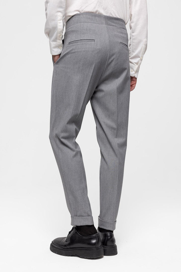 Men's Grey High Waist (Boyfriend) Pleated Fabric Trousers - Wessi