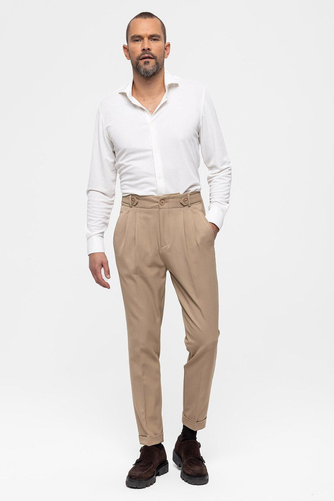 Pantalón de hombre de tejido plisado cintura alta (boyfriend) de visón - Wessi
