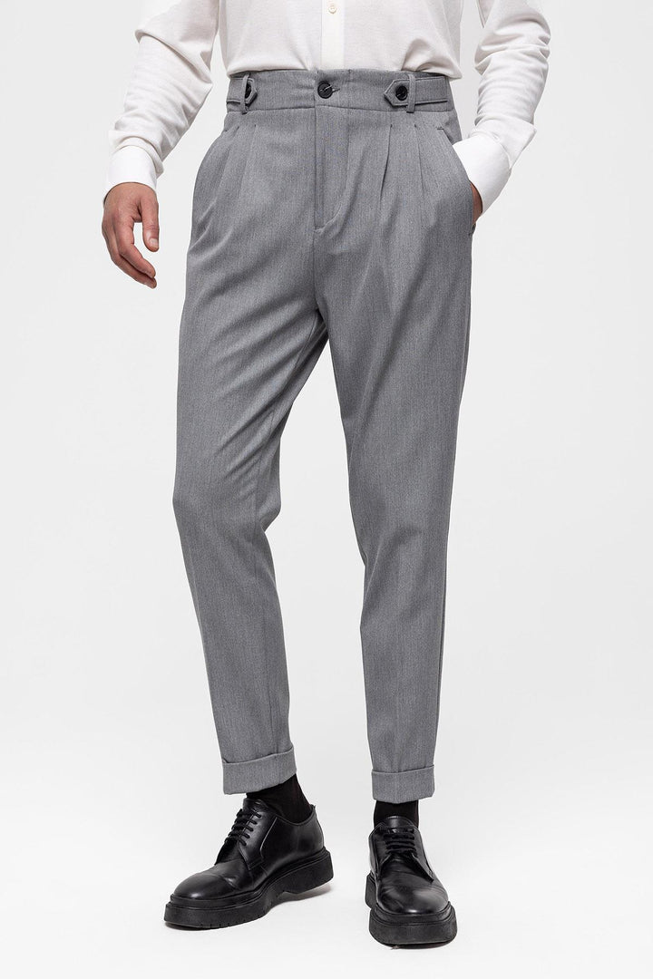 Men's Grey High Waist (Boyfriend) Pleated Fabric Trousers - Wessi