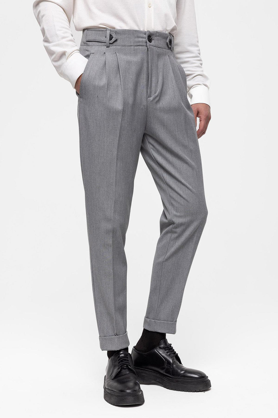 Men's Grey High Waist (Boyfriend) Pleated Fabric Trousers - Wessi
