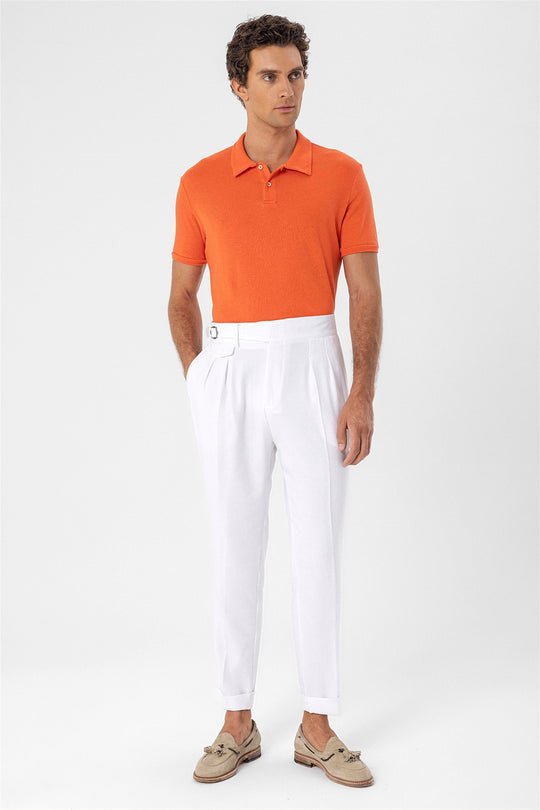 Pantalon Homme Blanc Taille Haute (Boyfriend) En Tissu Plissé Avec Ceinture À Boucle - Wessi