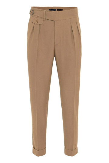 Pantalon Homme Camel Taille Haute (Boyfriend) en Tissu Plissé avec Ceinture à Boucle - Wessi