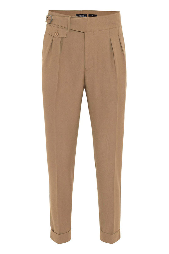 Pantalon Homme Camel Taille Haute (Boyfriend) en Tissu Plissé avec Ceinture à Boucle - Wessi