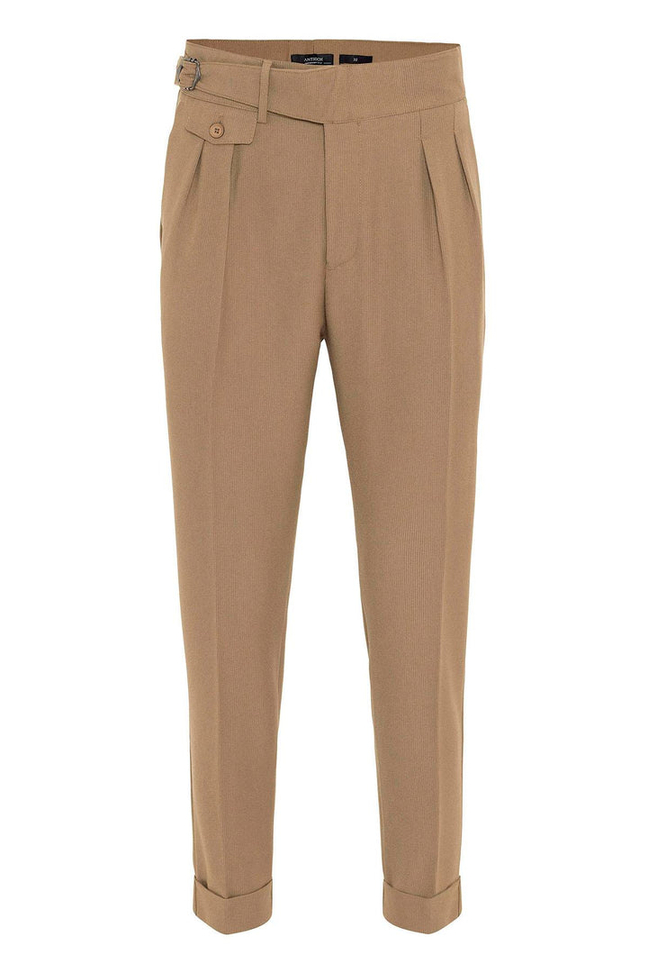 Pantalon Homme Camel Taille Haute (Boyfriend) en Tissu Plissé avec Ceinture à Boucle - Wessi