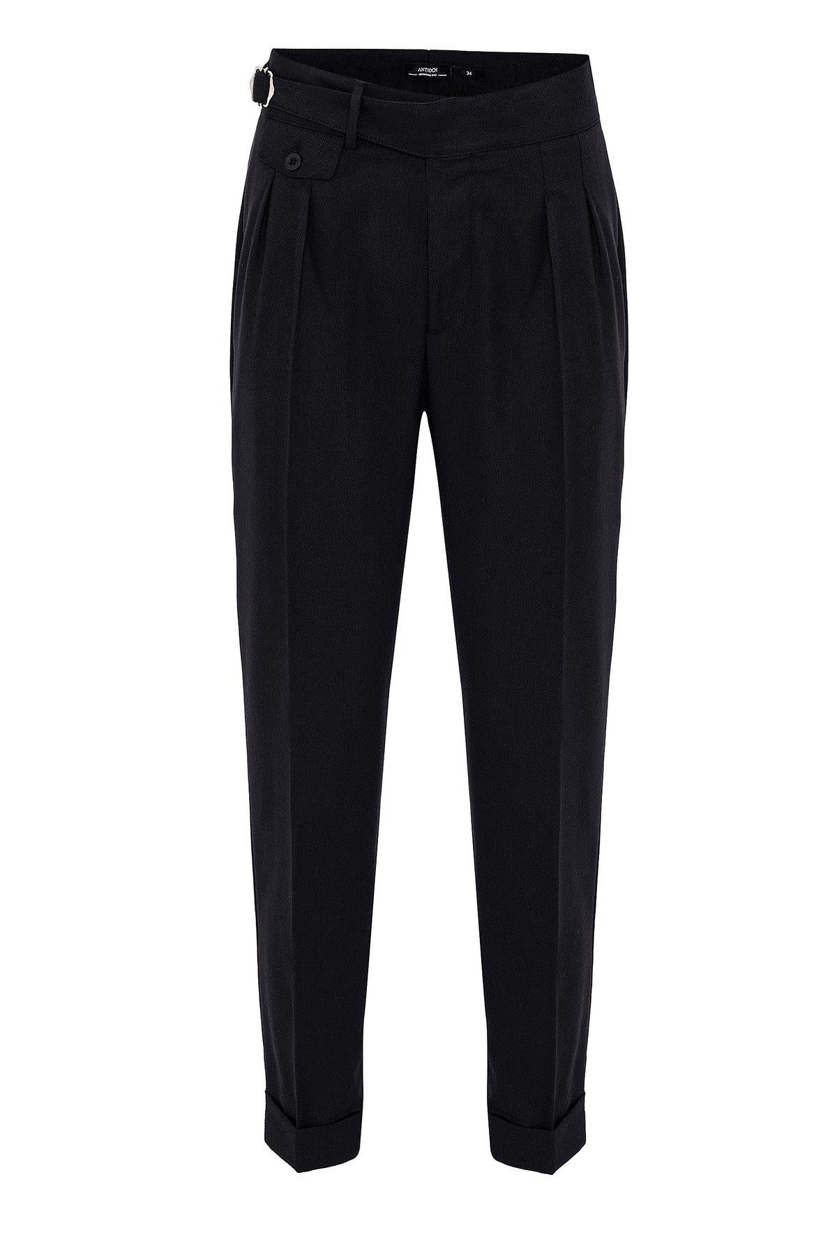 Men's Black High Waist (Boyfriend) Pleated Fabric Trousers