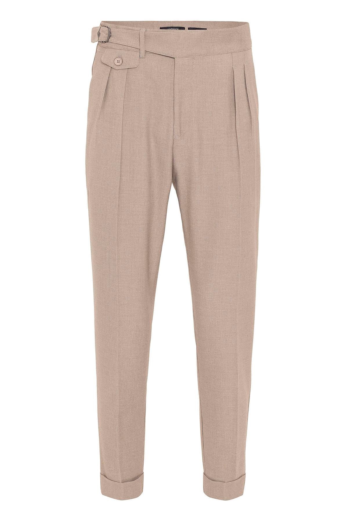 Men's Beige High Waist (Boyfriend) Pleated Fabric Trousers